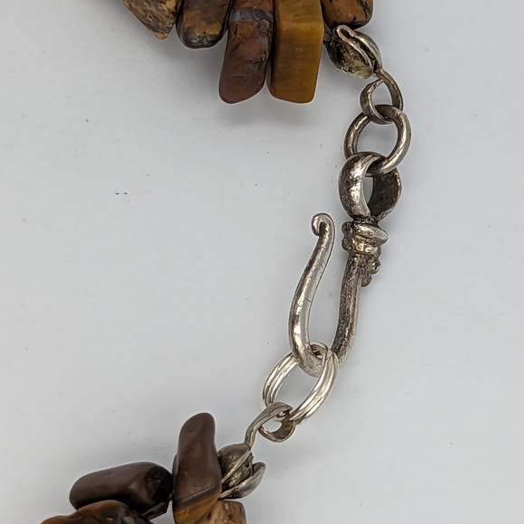 Amber Cross Sterling Silver On Tiger's Eye Chips & Jasper Bead Necklace Vintage - Picture 12 of 15